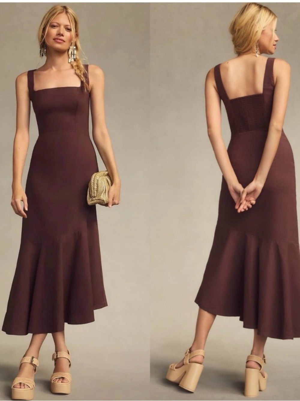 Anthropologie Brown Square-Neck Midi Dress